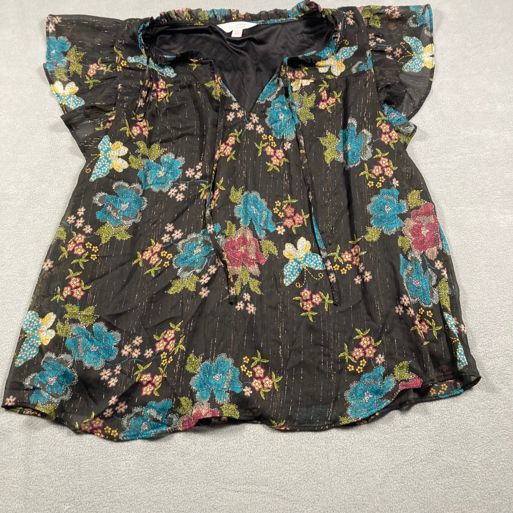 LC Lauren Conrad Top Womens XL Black Floral Flutter Sleeve Metallic